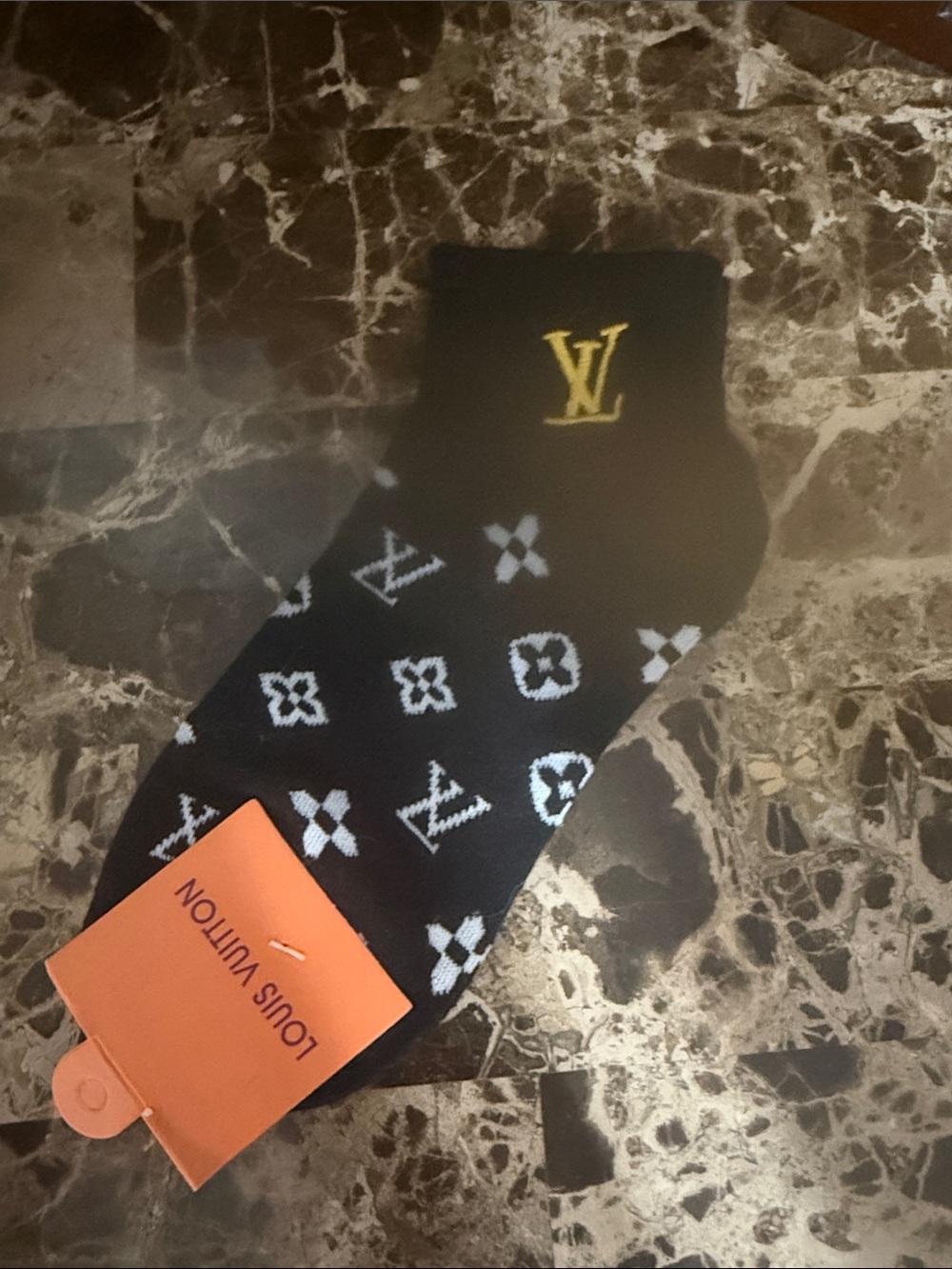 Fashion  Black Ankle Socks with White Monogram and Gold LV